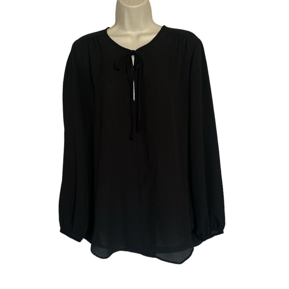 Joan Vass black sheer long sleeve top with tie at neck size L
